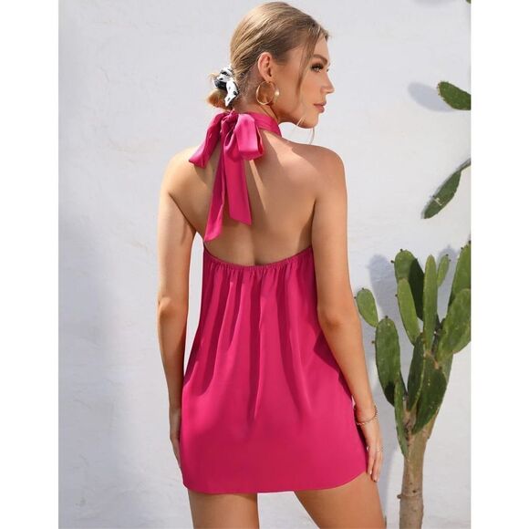 NEW Satin Dress Mini Cross Halter Neck Backless Dress Pink XL - Picture 4 of 5